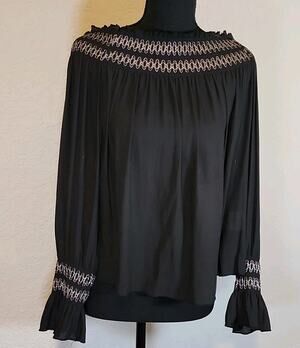 Frank Lyman Black Chiffon Off‎ Shoulder Smocked Ruffle Sheer Blouse S/P